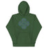 A forest green Xigfireon graphic hoodie featuring the Living Colour iteration of the Reach Of The Spirit Celtic knot design. The Reach Of The Spirit Celtic knot symbolizes our wonderful Mother Earth.