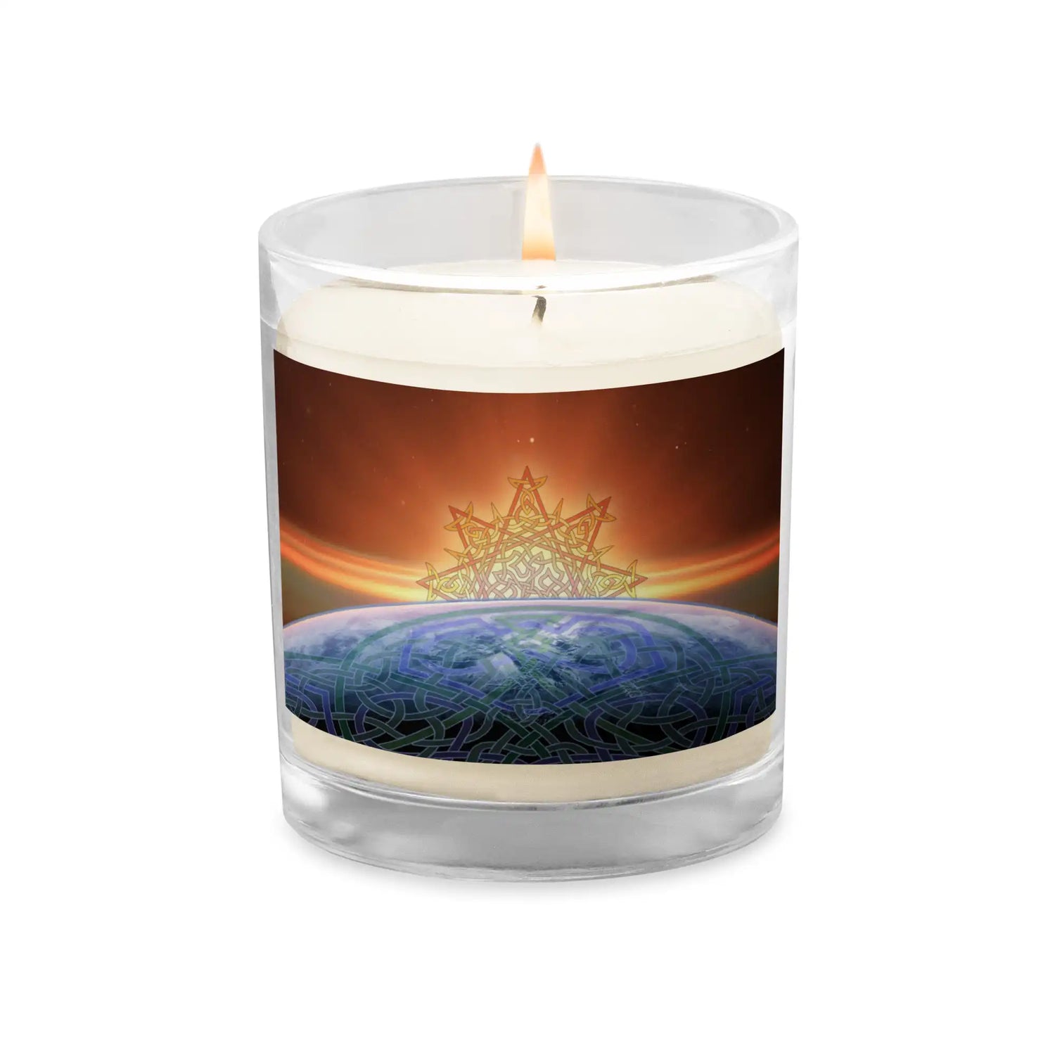 A glass jar soy wax candle featuring the Derivation II Celtic knots merger design.