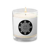A Xigfireon glass jar soy wax candle featuring the Black & White Circle iteration of the Morning Star Fire Celtic knot design. The Morning Star Fire Celtic knot symbolizes Father Sun.