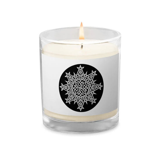 A Xigfireon glass jar soy wax candle featuring the Black & White Circle iteration of the Morning Star Fire Celtic knot design. The Morning Star Fire Celtic knot symbolizes Father Sun.