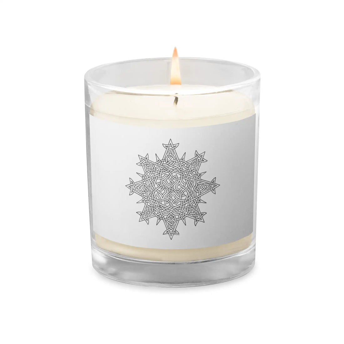 A Xigfireon glass jar soy wax candle featuring the Black &amp; White Hollow iteration of the Morning Star Fire Celtic knot design. The Morning Star Fire Celtic knot symbolizes Father Sun.
