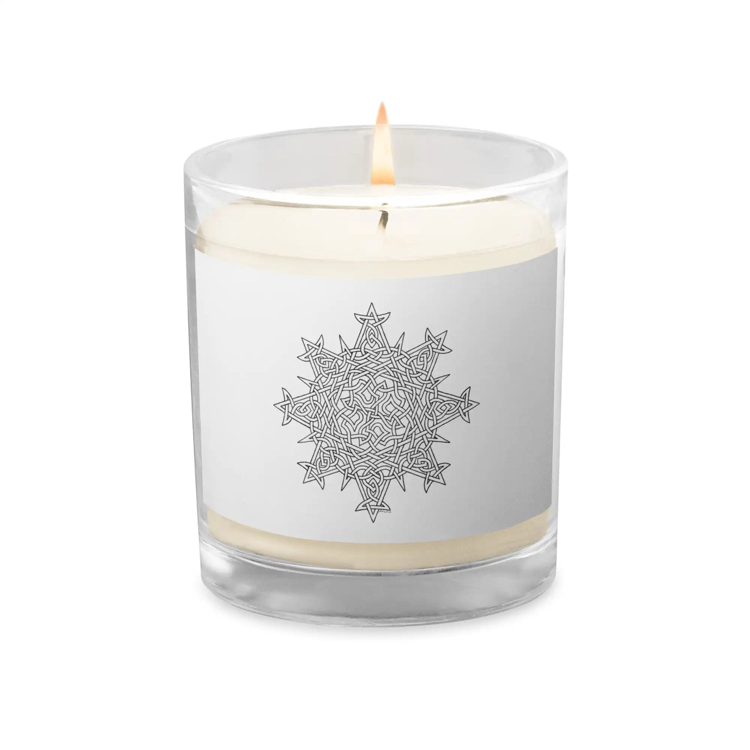 A Xigfireon glass jar soy wax candle featuring the Black & White Hollow iteration of the Morning Star Fire Celtic knot design. The Morning Star Fire Celtic knot symbolizes Father Sun.