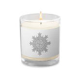 A Xigfireon glass jar soy wax candle featuring the Black & White Hollow iteration of the Morning Star Fire Celtic knot design. The Morning Star Fire Celtic knot symbolizes Father Sun.