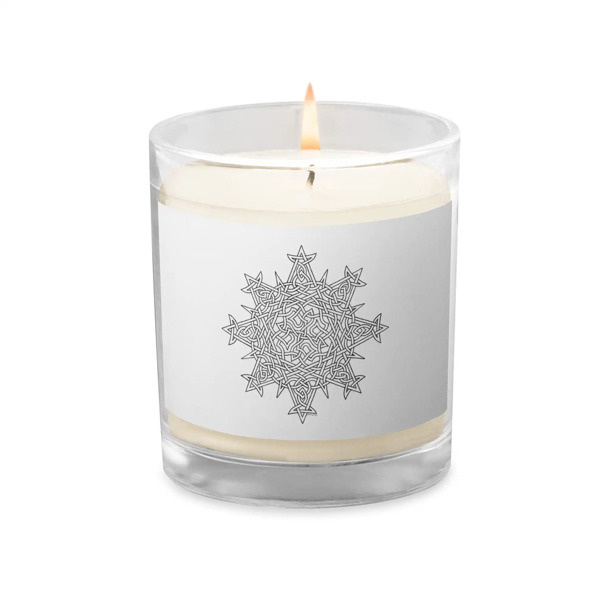 A Xigfireon glass jar soy wax candle featuring the Black &amp; White Hollow iteration of the Morning Star Fire Celtic knot design. The Morning Star Fire Celtic knot symbolizes Father Sun.