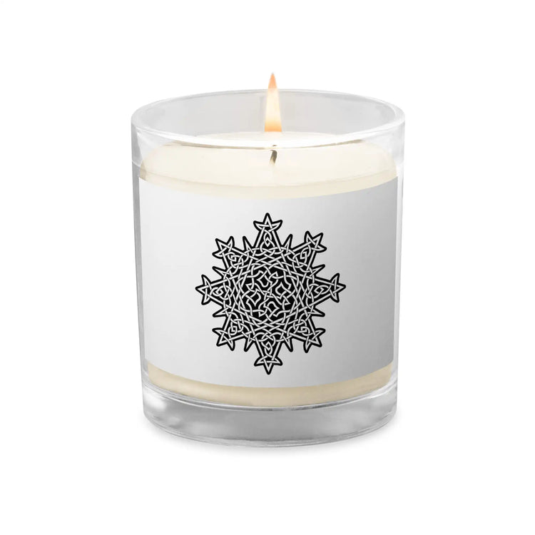 A Xigfireon glass jar soy wax candle featuring the Black & White Solid iteration of the Morning Star Fire Celtic knot design. The Morning Star Fire Celtic knot symbolizes Father Sun.