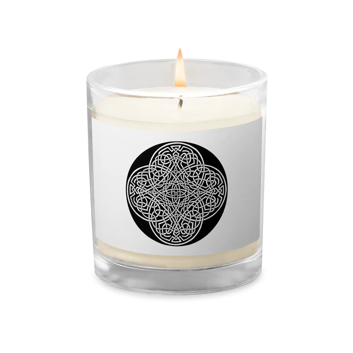 A Xigfireon glass jar soy wax candle featuring the Black &amp; White Circle iteration of the `Reach Of The Spirit` Celtic knot design. The `Reach Of The Spirit` Celtic knot symbolizes Mother Earth.