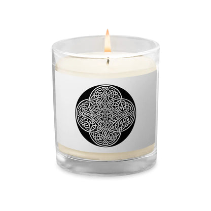 A Xigfireon glass jar soy wax candle featuring the Black &amp; White Circle iteration of the `Reach Of The Spirit` Celtic knot design. The `Reach Of The Spirit` Celtic knot symbolizes Mother Earth.