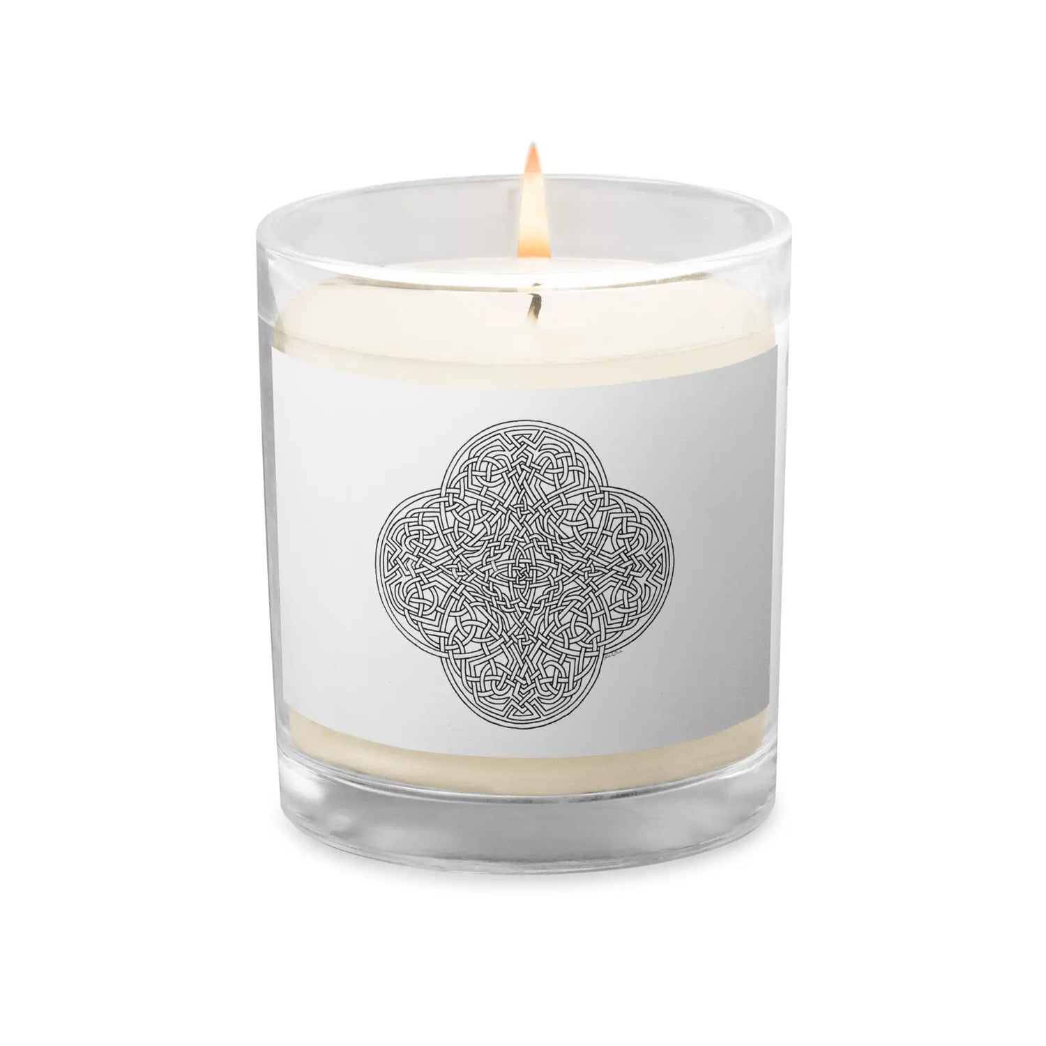 A Xigfireon glass jar soy wax candle featuring the Black & White Hollow iteration of the Reach Of The Spirit Celtic knot design. The Reach Of The Spirit Celtic knot symbolizes Mother Earth.