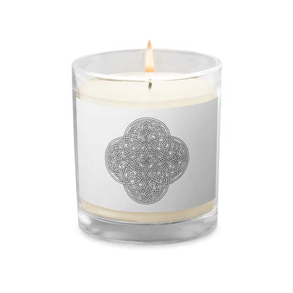 A Xigfireon glass jar soy wax candle featuring the Black &amp; White Hollow iteration of the Reach Of The Spirit Celtic knot design. The Reach Of The Spirit Celtic knot symbolizes Mother Earth.