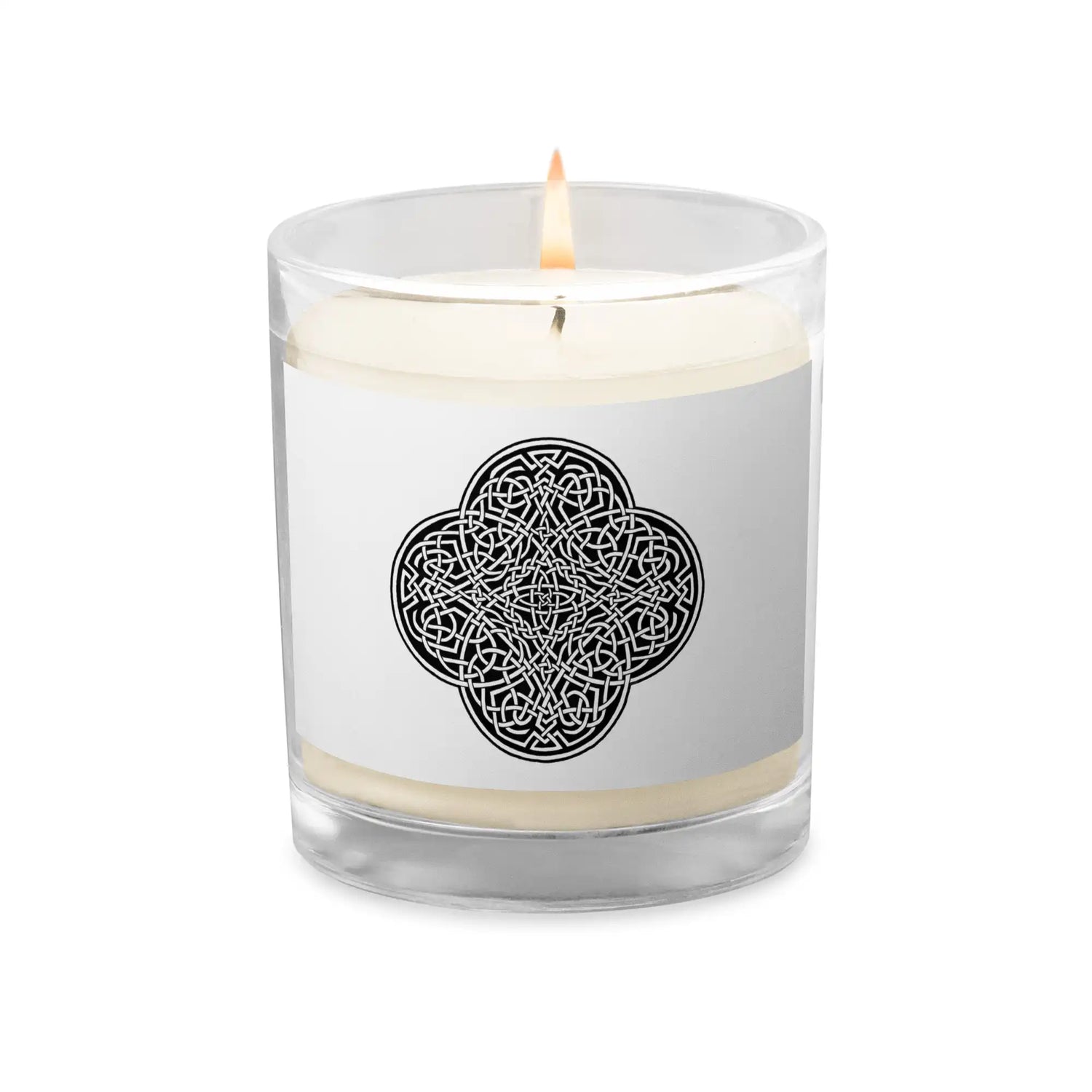 A Xigfireon glass jar soy wax candle featuring the Black & White Solid iteration of the Reach Of The Spirit Celtic knot design. The Reach Of The Spirit Celtic knot symbolizes Mother Earth.