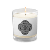 A Xigfireon glass jar soy wax candle featuring the Black & White Solid iteration of the Reach Of The Spirit Celtic knot design. The Reach Of The Spirit Celtic knot symbolizes Mother Earth.