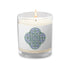 A Xigfireon glass jar soy wax candle featuring the Living Colour iteration of the Reach Of The Spirit Celtic knot design. The Reach Of The Spirit Celtic knot symbolizes Mother Earth.