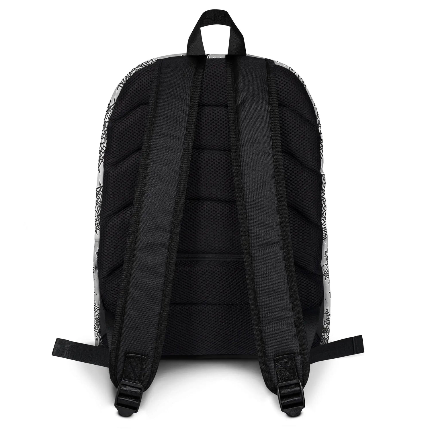 A view of the straps on a Xigfireon graphic backpack featuring the Black & White Solid Cosmos Inverted iteration of the `Morning Star Fire` Celtic knot pattern. The `Morning Star Fire` Celtic knot symbolizes the Sun.