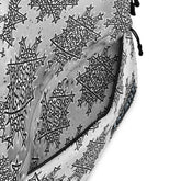 A view of the inside pocket of a Xigfireon graphic backpack featuring the Black & White Solid Cosmos Inverted iteration of the `Morning Star Fire` Celtic knot pattern.
