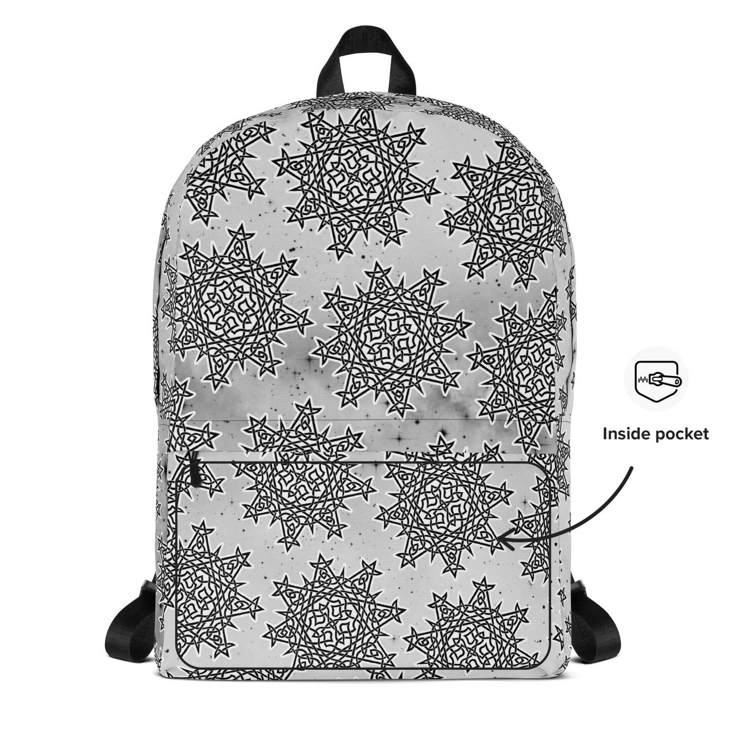 A view of the back of a Xigfireon graphic backpack featuring the Black & White Solid Cosmos Inverted iteration of the `Morning Star Fire` Celtic knot pattern. A simple graphic and arrow indicate the location of the inside pocket.