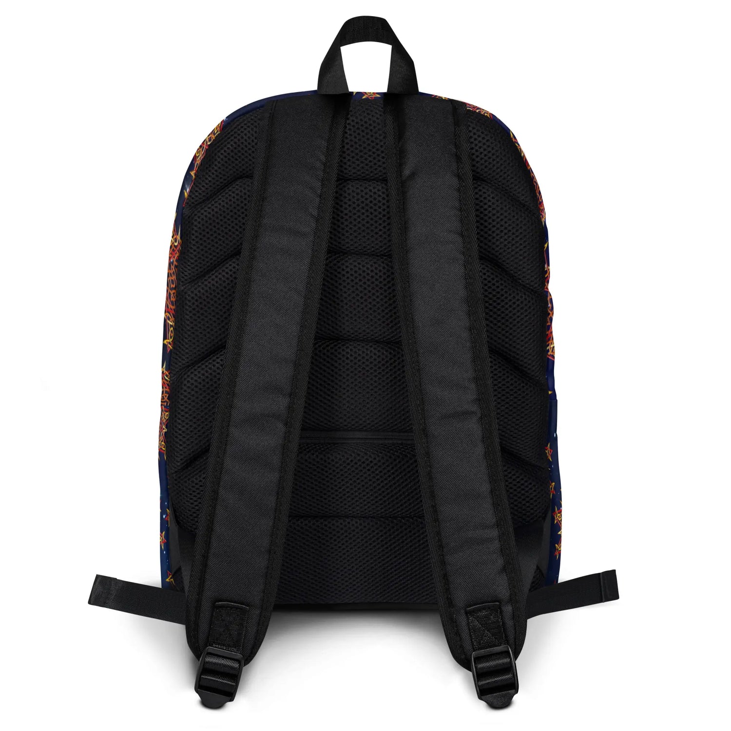 A view of the straps on a Xigfireon graphic backpack featuring the Fire Colour Cosmos iteration of the `Morning Star Fire` Celtic knot pattern. The `Morning Star Fire` Celtic knot symbolizes the Sun.