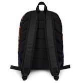 A view of the straps on a Xigfireon graphic backpack featuring the Fire Colour Cosmos iteration of the `Morning Star Fire` Celtic knot pattern. The `Morning Star Fire` Celtic knot symbolizes the Sun.