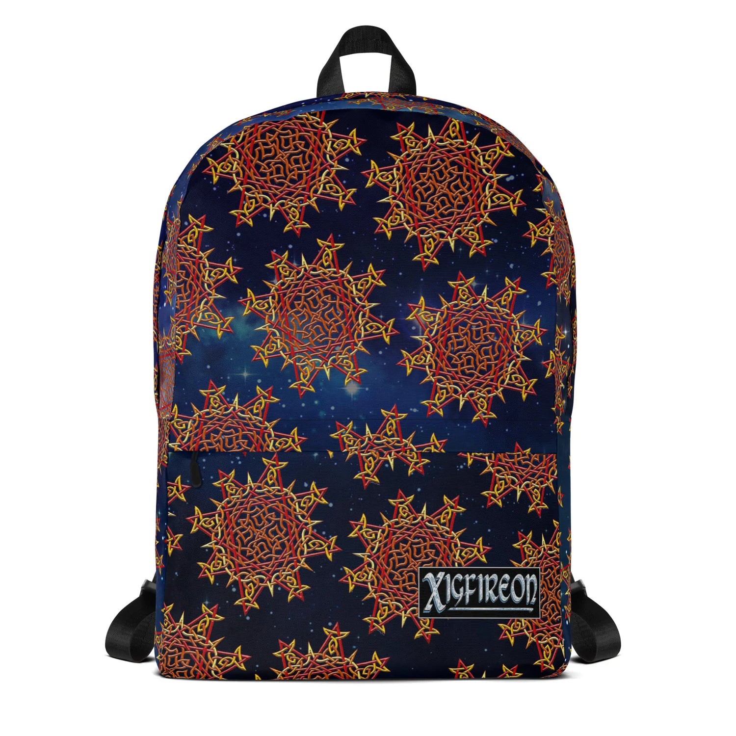 A Xigfireon graphic backpack, viewed from straight behind, featuring the Fire Colour Cosmos iteration of the `Morning Star Fire` Celtic knot pattern. The `Morning Star Fire` Celtic knot represents the Sun.