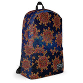 A Xigfireon graphic backpack featuring the Fire Colour Cosmos iteration of the `Morning Star Fire` Celtic knot pattern. The `Morning Star Fire` Celtic knot symbolizes the Sun.