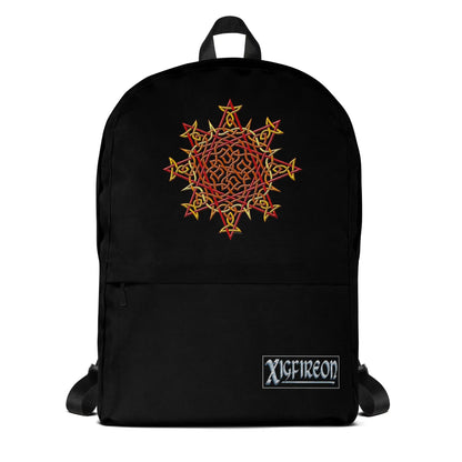 A Xigfireon graphic backpack, viewed from straight behind, featuring the Fire Colour iteration of the Morning Star Fire Celtic knot design. The Morning Star Fire Celtic knot represents the Sun.