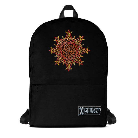 A Xigfireon graphic backpack, viewed from straight behind, featuring the Fire Colour iteration of the `Morning Star Fire Celtic knot design. The `Morning Star Fire` Celtic knot represents the Sun.
