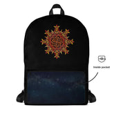 A view of the back of a Xigfireon graphic backpack featuring the Fire Colour iteration of the `Morning Star Fire` Celtic knot design. A simple graphic and arrow indicate the location of the inside pocket.