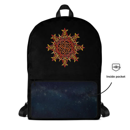A view of the back of a Xigfireon graphic backpack featuring the Fire Colour iteration of the Morning Star Fire Celtic knot design. A simple graphic and arrow indicate the location of the inside pocket.