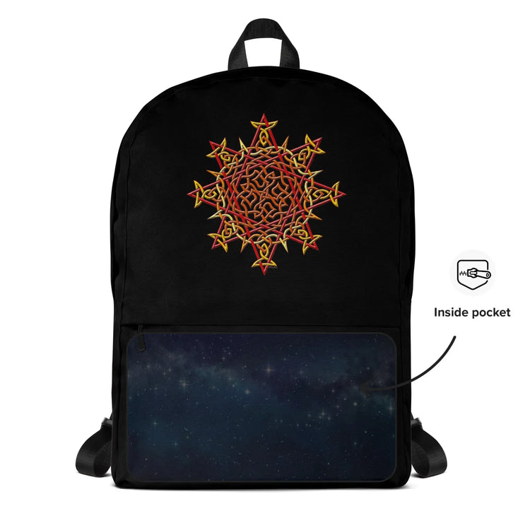 A view of the back of a Xigfireon graphic backpack featuring the Fire Colour iteration of the `Morning Star Fire` Celtic knot design. A simple graphic and arrow indicate the location of the inside pocket.