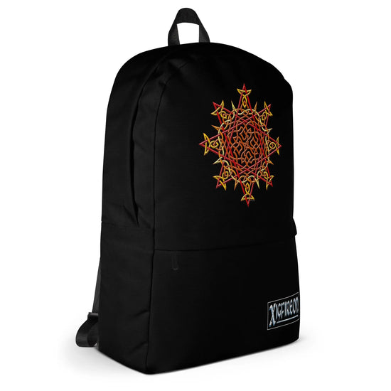 A Xigfireon graphic backpack featuring the Fire Colour iteration of the `Morning Star Fire` Celtic knot design. The `Morning Star Fire` Celtic knot symbolizes Father Sun.