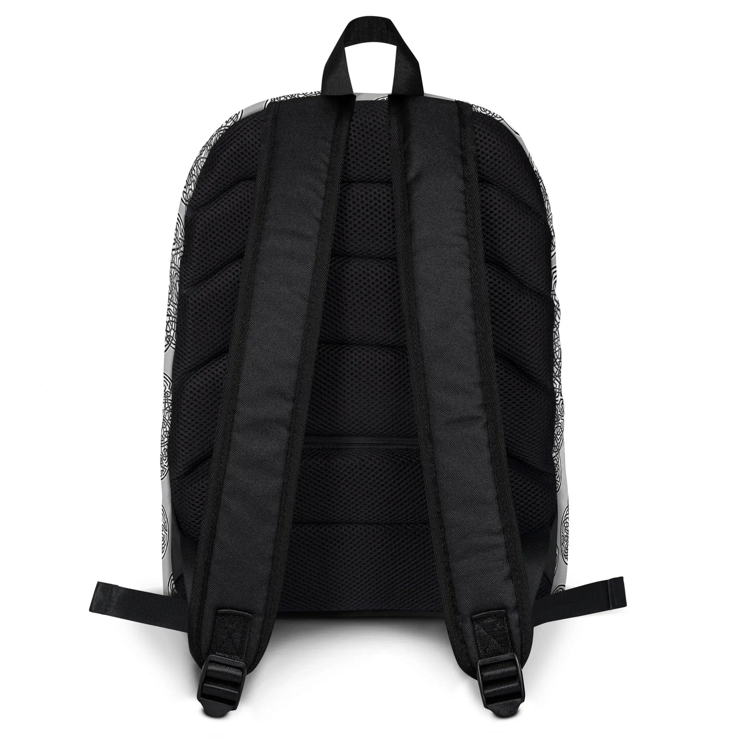A view of the straps on a Xigfireon graphic backpack featuring the Black & White Solid Forest Inverted iteration of the `Reach Of The Spirit` Celtic knot pattern. The `Reach Of The Spirit` Celtic knot represents Mother Earth.
