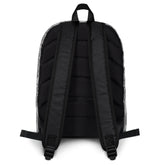 A view of the straps on a Xigfireon graphic backpack featuring the Black & White Solid Forest Inverted iteration of the `Reach Of The Spirit` Celtic knot pattern. The `Reach Of The Spirit` Celtic knot represents Mother Earth.