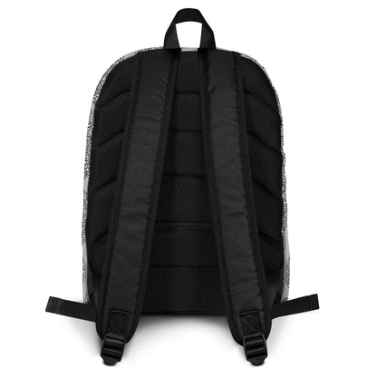 A view of the straps on a Xigfireon graphic backpack featuring the Black &amp; White Solid Forest Inverted iteration of the Reach Of The Spirit Celtic knot pattern. The Reach Of The Spirit Celtic knot represents Mother Earth.