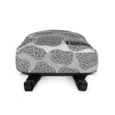 A view of the bottom of a Xigfireon graphic backpack featuring the Black & White Solid Forest Inverted iteration of the `Reach Of The Spirit` Celtic knot pattern. The `Reach Of The Spirit` Celtic knot symbolizes the Earth.