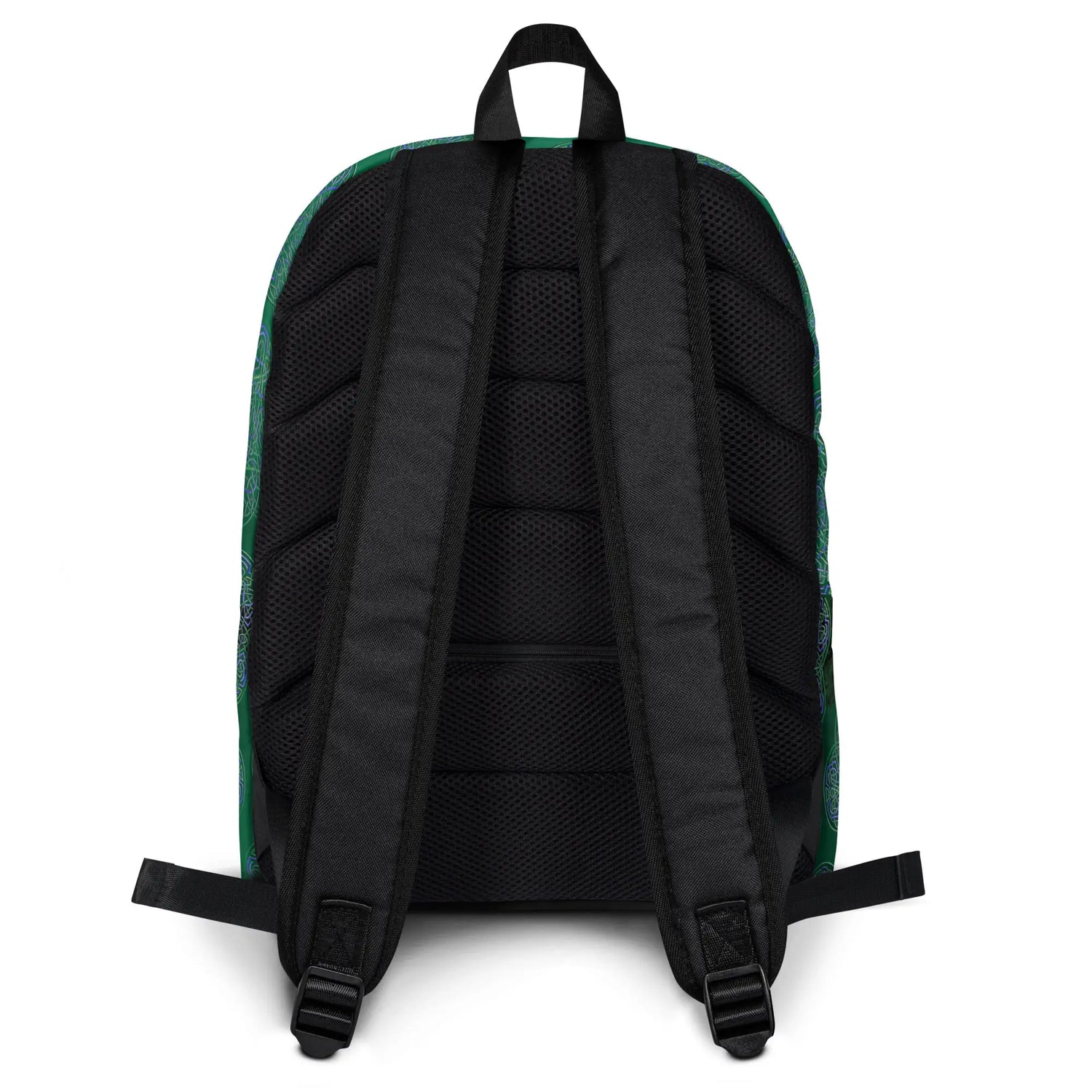 A view of the straps on a Xigfireon graphic backpack featuring the Living Colour Forest Inverted iteration of the `Reach Of The Spirit` Celtic knot pattern. The `Reach Of The Spirit` Celtic knot represents Mother Earth.