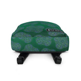 A view of the bottom of a Xigfireon graphic backpack featuring the Living Colour Forest Inverted iteration of the `Reach Of The Spirit` Celtic knot pattern. The `Reach Of The Spirit` Celtic knot symbolizes the Earth.