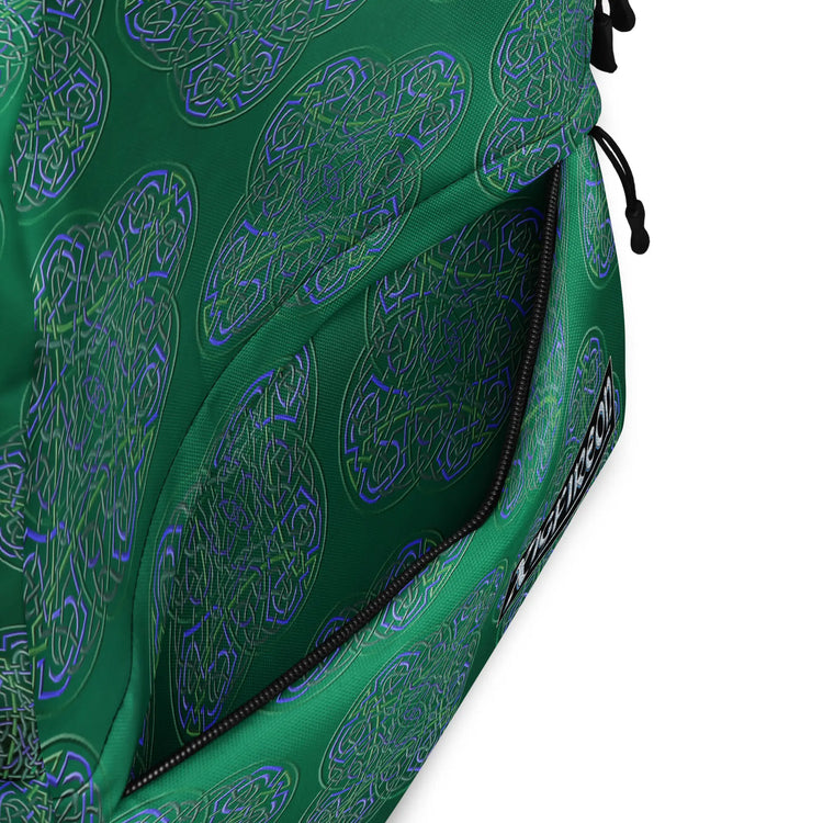 A view of the inside pocket of a Xigfireon graphic backpack featuring the Living Colour Forest Inverted iteration of the `Reach Of The Spirit` Celtic knot pattern.
