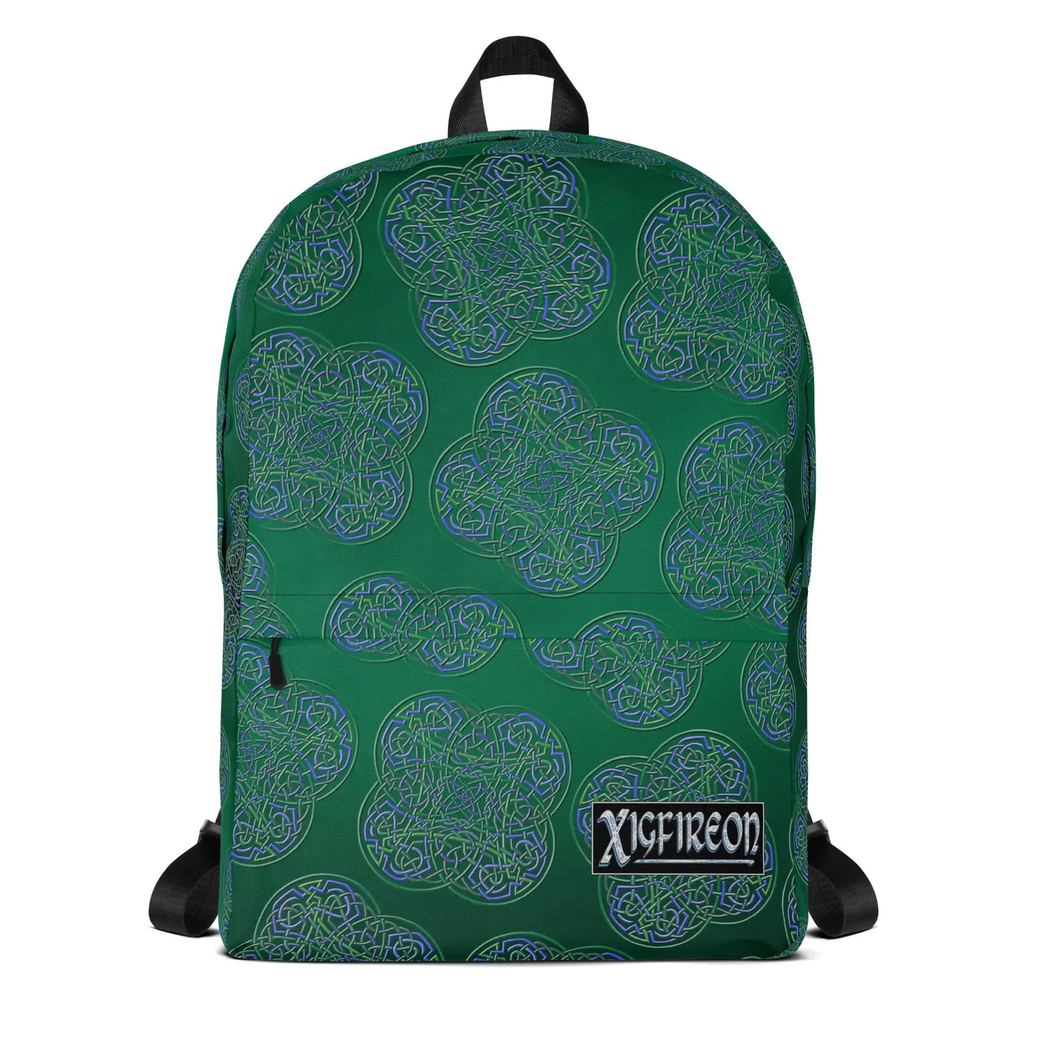A Xigfireon graphic backpack, viewed from straight behind, featuring the Living Colour Forest Inverted iteration of the `Reach Of The Spirit` Celtic knot pattern. The `Reach Of The Spirit` Celtic knot represents the Earth.