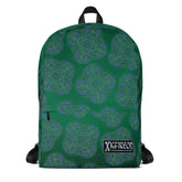 A Xigfireon graphic backpack, viewed from straight behind, featuring the Living Colour Forest Inverted iteration of the `Reach Of The Spirit` Celtic knot pattern. The `Reach Of The Spirit` Celtic knot represents the Earth.
