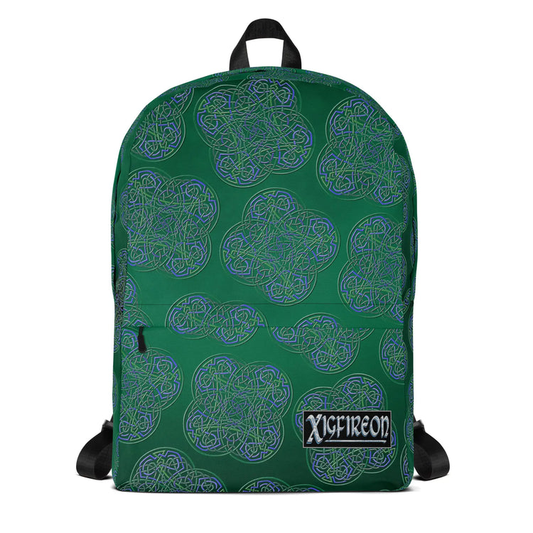 A Xigfireon graphic backpack, viewed from straight behind, featuring the Living Colour Forest Inverted iteration of the `Reach Of The Spirit` Celtic knot pattern. The `Reach Of The Spirit` Celtic knot represents the Earth.