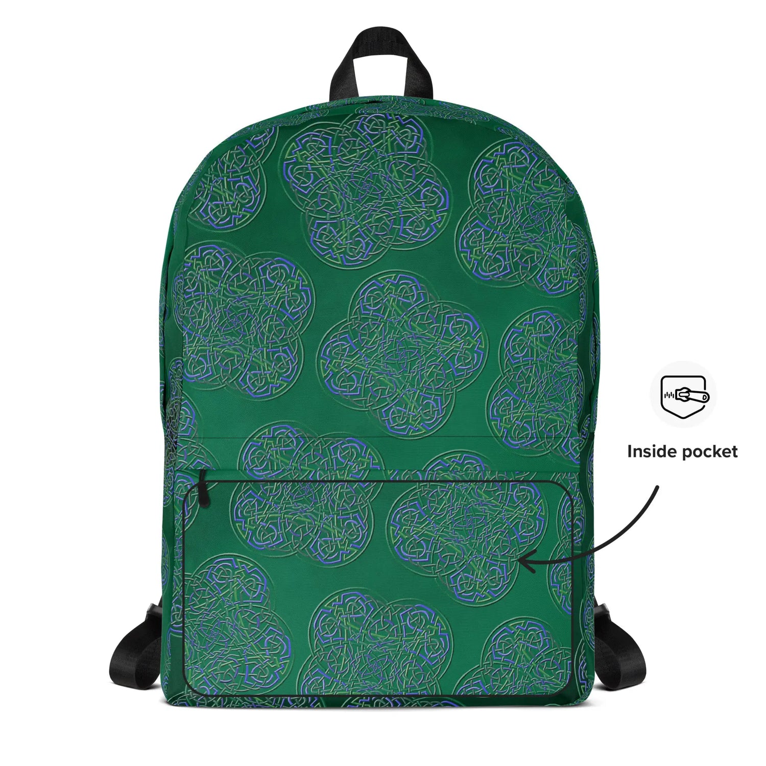 A view of the back of a Xigfireon graphic backpack featuring the Living Colour Forest Inverted iteration of the `Reach Of The Spirit` Celtic knot pattern. A simple graphic and arrow indicate the location of the inside pocket.