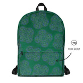 A view of the back of a Xigfireon graphic backpack featuring the Living Colour Forest Inverted iteration of the `Reach Of The Spirit` Celtic knot pattern. A simple graphic and arrow indicate the location of the inside pocket.