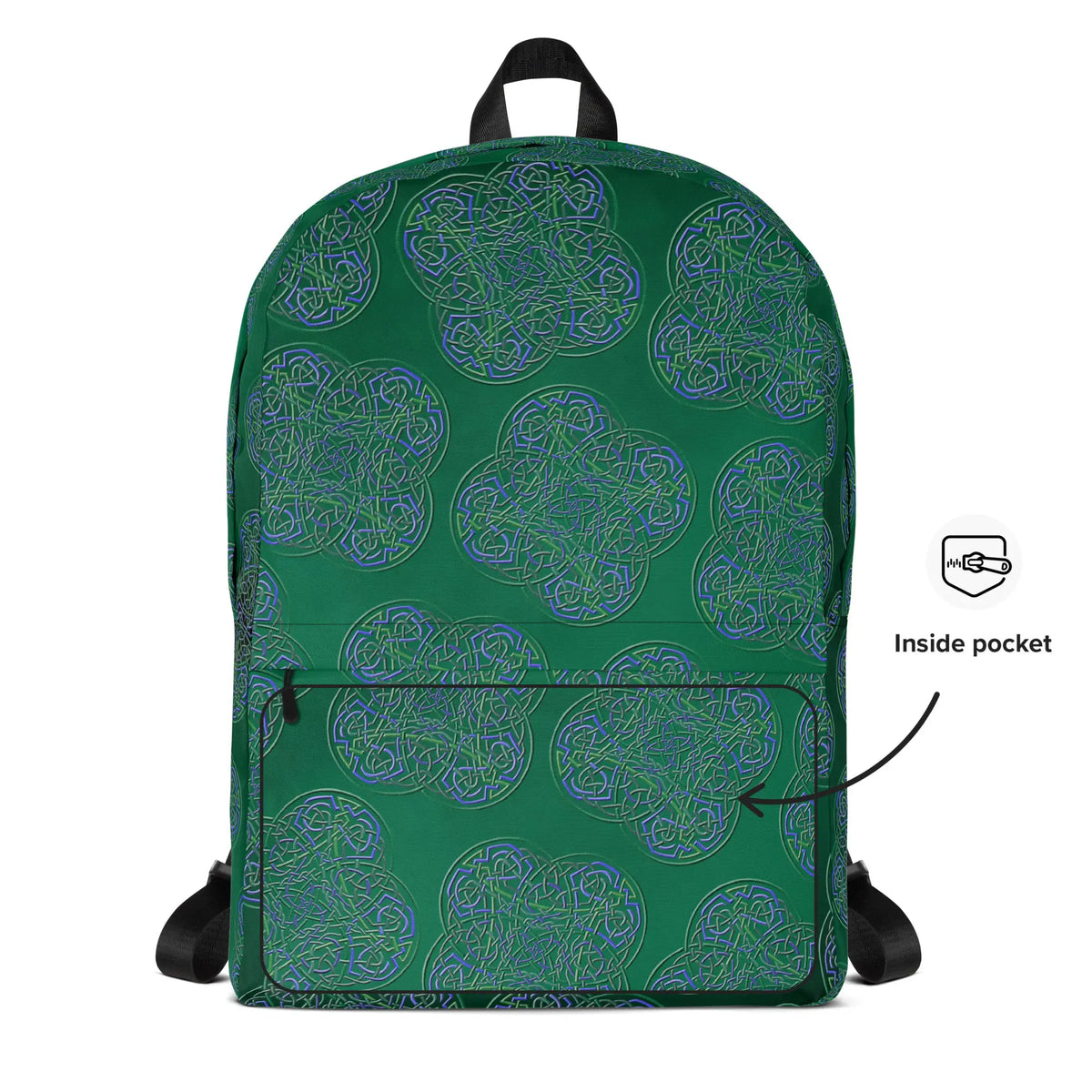 A view of the back of a Xigfireon graphic backpack featuring the Living Colour Forest Inverted iteration of the Reach Of The Spirit Celtic knot pattern. A simple graphic and arrow indicate the location of the inside pocket.