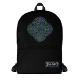 A Xigfireon graphic backpack, viewed from straight behind, featuring the Living Colour iteration of the `Reach Of The Spirit` Celtic knot design. The `Reach Of The Spirit` Celtic knot represents the Earth.