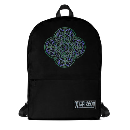 A Xigfireon graphic backpack, viewed from straight behind, featuring the Living Colour iteration of the Reach Of The Spirit Celtic knot design. The Reach Of The Spirit Celtic knot represents the Earth.