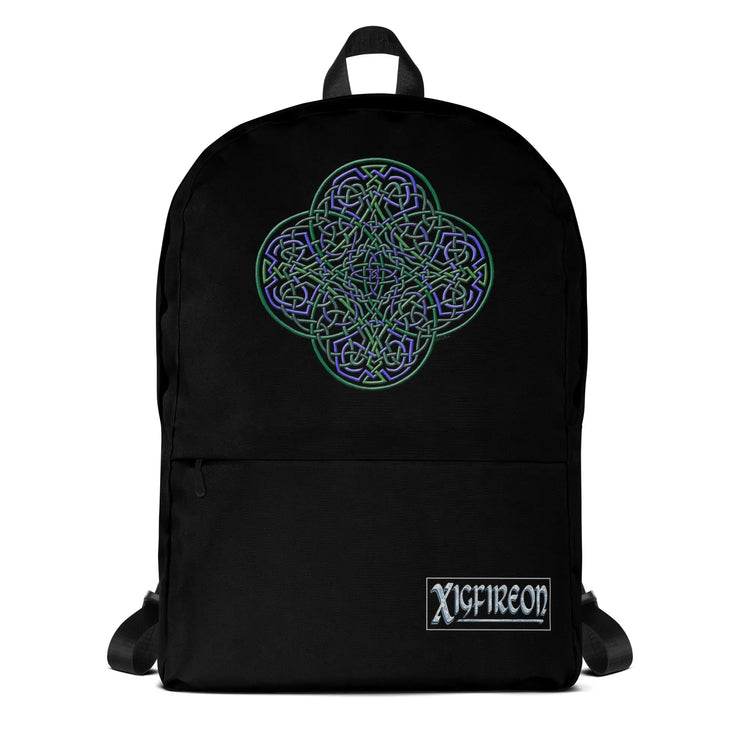 A Xigfireon graphic backpack, viewed from straight behind, featuring the Living Colour iteration of the `Reach Of The Spirit` Celtic knot design. The `Reach Of The Spirit` Celtic knot represents the Earth.
