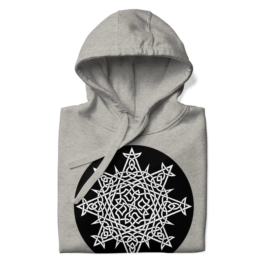 A folded carbon grey Xigfireon graphic hoodie featuring the Black &amp; White Circle iteration of the Morning Star Fire Celtic knot design. This Celtic knot symbolizes the Sun.
