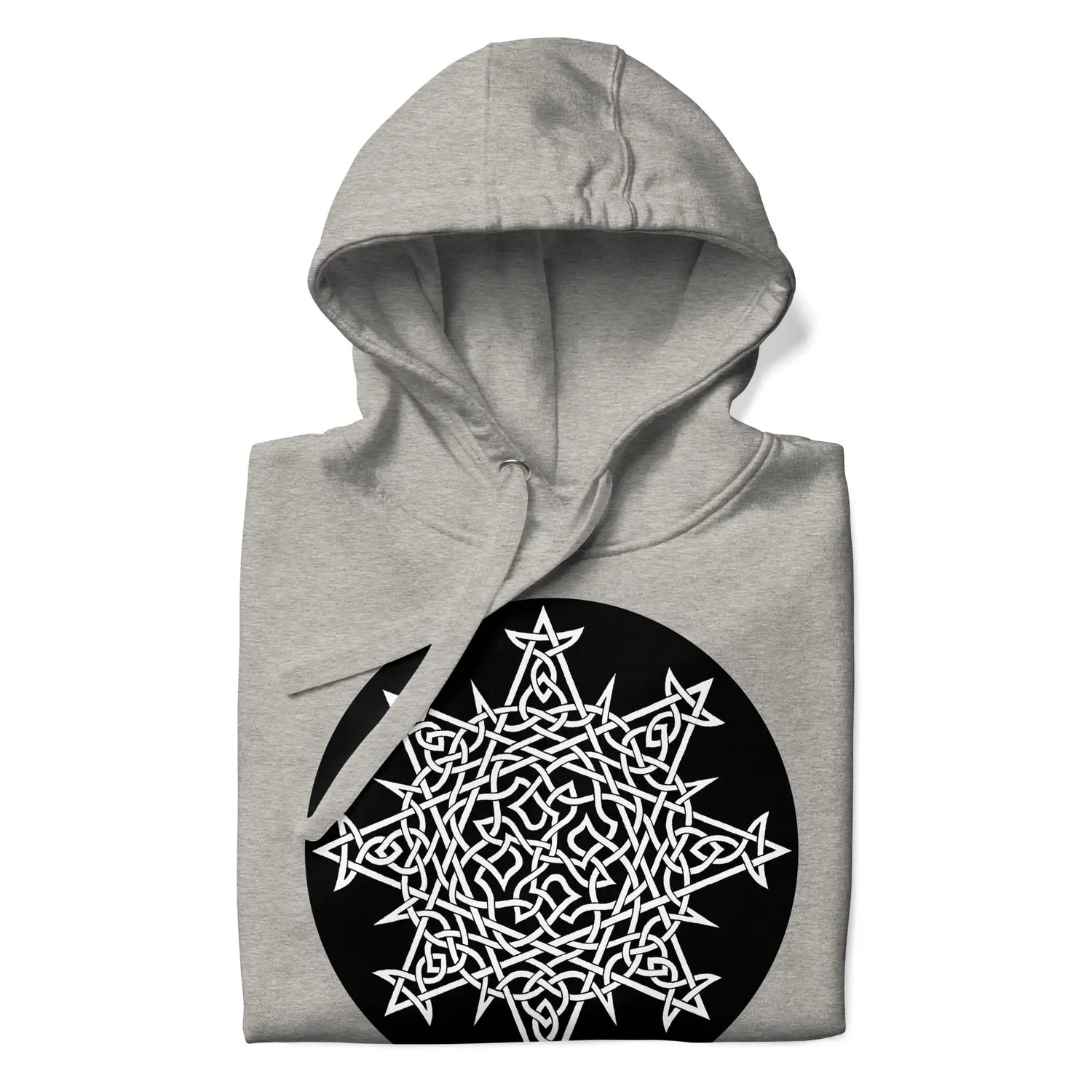 A folded carbon grey Xigfireon graphic hoodie featuring the Black & White Circle iteration of the Morning Star Fire Celtic knot design. This Celtic knot symbolizes the Sun.