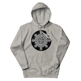 A carbon grey Xigfireon graphic hoodie featuring the Black & White Circle iteration of the Morning Star Fire Celtic knot design. The Morning Star Fire Celtic knot symbolizes the Sun.