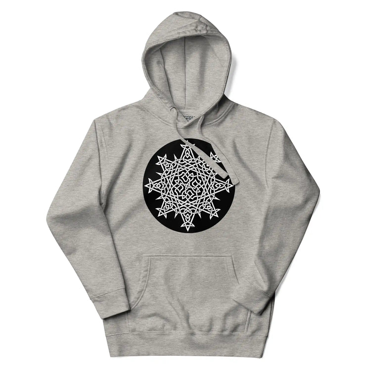 A carbon grey Xigfireon graphic hoodie featuring the Black & White Circle iteration of the Morning Star Fire Celtic knot design. The Morning Star Fire Celtic knot symbolizes the Sun.
