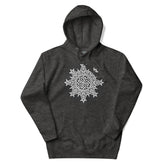 A charcoal heather Xigfireon graphic hoodie featuring the Black & White Circle iteration of the Morning Star Fire Celtic knot design. The Morning Star Fire Celtic knot symbolizes the Sun.
